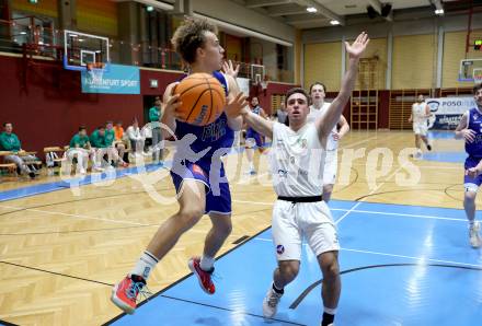 Basketball 2. Liga 2024/2025. Grunddurchgang 8. Runde. KOS Celovec gegen Kufstein Towers.   Niklas Michel (KOS),  Felix Erath (Kufstein). Klagenfurt, am 16.11.2024.
Foto: Kuess


---
pressefotos, pressefotografie, kuess, qs, qspictures, sport, bild, bilder, bilddatenbank