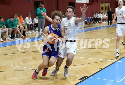 Basketball 2. Liga 2024/2025. Grunddurchgang 8. Runde. KOS Celovec gegen Kufstein Towers.   Niklas Michel (KOS),  Felix Erath (Kufstein). Klagenfurt, am 16.11.2024.
Foto: Kuess


---
pressefotos, pressefotografie, kuess, qs, qspictures, sport, bild, bilder, bilddatenbank