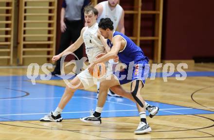 Basketball 2. Liga 2024/2025. Grunddurchgang 8. Runde. KOS Celovec gegen Kufstein Towers.   Samuel Seher (KOS), Aleksander Mlodianovski	  (Kufstein). Klagenfurt, am 16.11.2024.
Foto: Kuess


---
pressefotos, pressefotografie, kuess, qs, qspictures, sport, bild, bilder, bilddatenbank