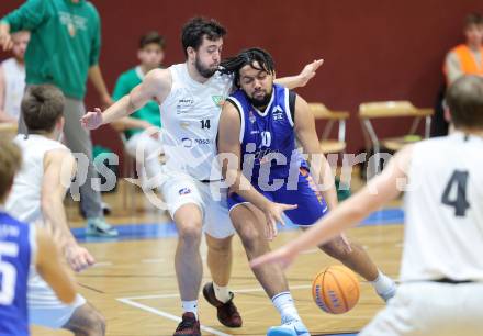 Basketball 2. Liga 2024/2025. Grunddurchgang 8. Runde. KOS Celovec gegen Kufstein Towers.   Veljko Dena (KOS),  Dennis Kaltenbrunner (Kufstein). Klagenfurt, am 16.11.2024.
Foto: Kuess


---
pressefotos, pressefotografie, kuess, qs, qspictures, sport, bild, bilder, bilddatenbank