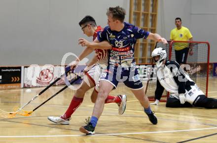 Floorball Derby KAC  gegen VSV Unihockey.  Lekas Gabriel  (KAC),  Brajic Anze (VSV). Klagenfurt, am 16.11.2024.
Foto: Kuess
www.qspictures.net
---
pressefotos, pressefotografie, kuess, qs, qspictures, sport, bild, bilder, bilddatenbank