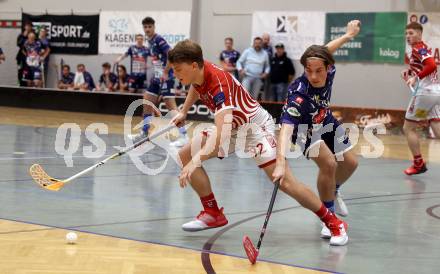 Floorball Derby KAC  gegen VSV Unihockey.   Moertl Maximilian (KAC),  Bogataj Aleksander  (VSV). Klagenfurt, am 16.11.2024.
Foto: Kuess
www.qspictures.net
---
pressefotos, pressefotografie, kuess, qs, qspictures, sport, bild, bilder, bilddatenbank