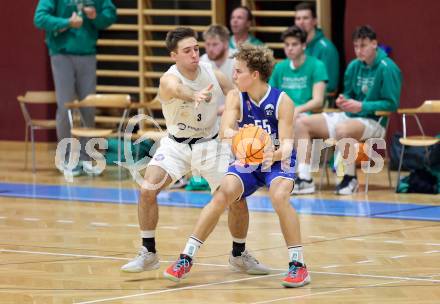 Basketball 2. Liga 2024/2025. Grunddurchgang 8. Runde. KOS Celovec gegen Kufstein Towers.   Niklas Michel (KOS), Felix Erath  (Kufstein). Klagenfurt, am 16.11.2024.
Foto: Kuess


---
pressefotos, pressefotografie, kuess, qs, qspictures, sport, bild, bilder, bilddatenbank