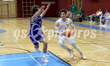 Basketball 2. Liga 2024/2025. Grunddurchgang 8. Runde. KOS Celovec gegen Kufstein Towers.   Simon Siencnik (KOS),  Luis Erath (Kufstein). Klagenfurt, am 16.11.2024.
Foto: Kuess


---
pressefotos, pressefotografie, kuess, qs, qspictures, sport, bild, bilder, bilddatenbank