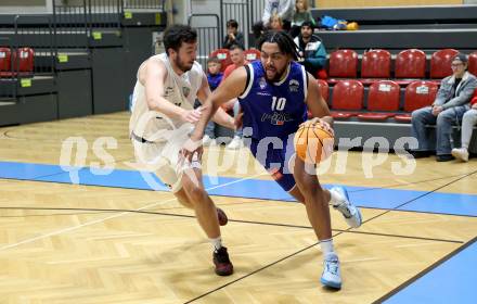 Basketball 2. Liga 2024/2025. Grunddurchgang 8. Runde. KOS Celovec gegen Kufstein Towers.   Veljko Dena (KOS), Dennis Kaltenbrunner  (Kufstein). Klagenfurt, am 16.11.2024.
Foto: Kuess


---
pressefotos, pressefotografie, kuess, qs, qspictures, sport, bild, bilder, bilddatenbank