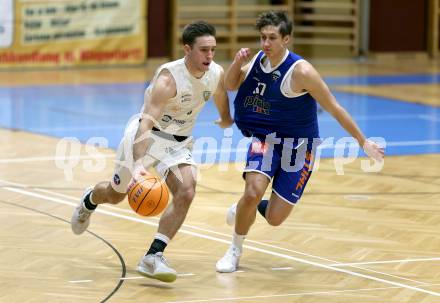 Basketball 2. Liga 2024/2025. Grunddurchgang 8. Runde. KOS Celovec gegen Kufstein Towers.   Niklas Michel (KOS),   Patrick Fister (Kufstein). Klagenfurt, am 16.11.2024.
Foto: Kuess


---
pressefotos, pressefotografie, kuess, qs, qspictures, sport, bild, bilder, bilddatenbank