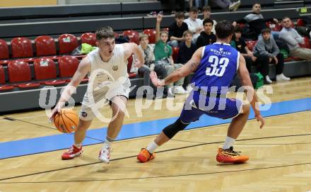 Basketball 2. Liga 2024/2025. Grunddurchgang 8. Runde. KOS Celovec gegen Kufstein Towers.   Enes Avdic (KOS), Florian Koeppl   (Kufstein). Klagenfurt, am 16.11.2024.
Foto: Kuess


---
pressefotos, pressefotografie, kuess, qs, qspictures, sport, bild, bilder, bilddatenbank