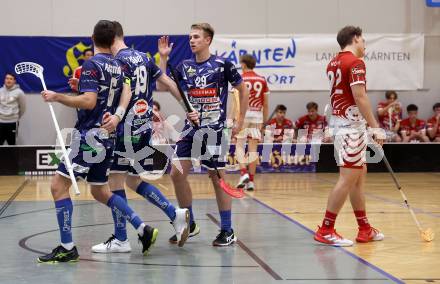 Floorball Derby KAC  gegen VSV Unihockey.  Torjubel Schmid Timo, Seiser Philipp, Brajic Anze (VSV). Klagenfurt, am 16.11.2024.
Foto: Kuess
www.qspictures.net
---
pressefotos, pressefotografie, kuess, qs, qspictures, sport, bild, bilder, bilddatenbank