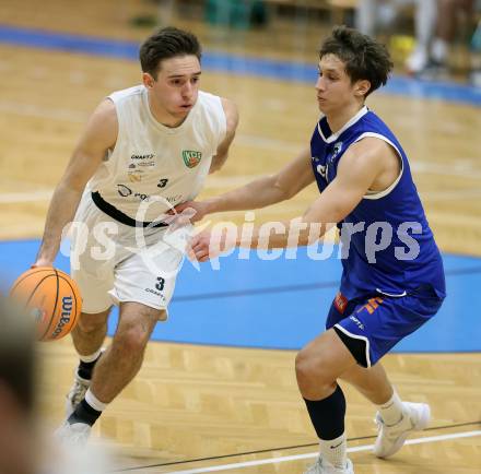 Basketball 2. Liga 2024/2025. Grunddurchgang 8. Runde. KOS Celovec gegen Kufstein Towers.   Niklas Michel (KOS),   Patrick Fister (Kufstein). Klagenfurt, am 16.11.2024.
Foto: Kuess


---
pressefotos, pressefotografie, kuess, qs, qspictures, sport, bild, bilder, bilddatenbank