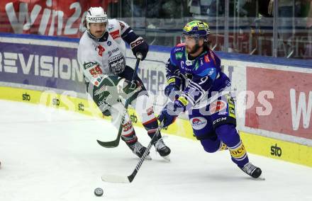 Eishockey ICE Bundesliga. VSV gegen Fehervar. Alexander Rauchenwald  (VSV), Joel Messner (Fehervar). Villach, am 20.11.2024.
Foto: Kuess
---
pressefotos, pressefotografie, kuess, qs, qspictures, sport, bild, bilder, bilddatenbank