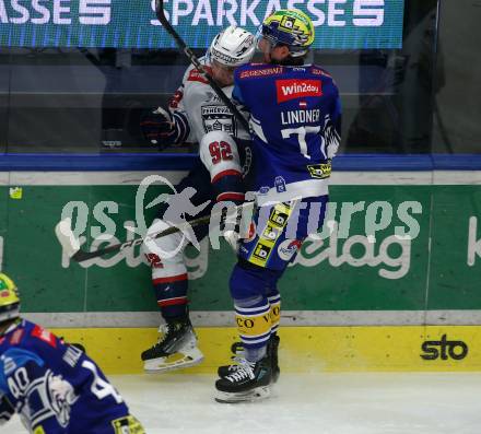 Eishockey ICE Bundesliga. VSV gegen Fehervar.  Philipp Lindner (VSV),  Anze Kuralt (Fehervar). Villach, am 20.11.2024.
Foto: Kuess
---
pressefotos, pressefotografie, kuess, qs, qspictures, sport, bild, bilder, bilddatenbank