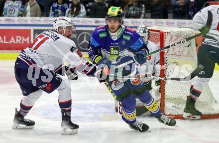 Eishockey ICE Bundesliga. VSV gegen Fehervar.  Maximilian Rebernig  (VSV), Timothy Campbell (Fehervar). Villach, am 20.11.2024.
Foto: Kuess
---
pressefotos, pressefotografie, kuess, qs, qspictures, sport, bild, bilder, bilddatenbank