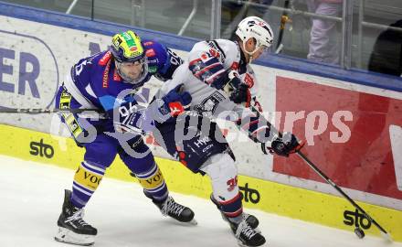 Eishockey ICE Bundesliga. VSV gegen Fehervar.  Patrick Holway  (VSV), Csanad Erdely (Fehervar). Villach, am 20.11.2024.
Foto: Kuess
---
pressefotos, pressefotografie, kuess, qs, qspictures, sport, bild, bilder, bilddatenbank