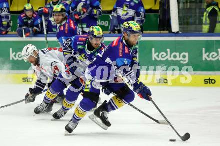 Eishockey ICE Bundesliga. VSV gegen Fehervar.  John Hughes, Kevin Hancock  (VSV), Istvan Terbocs (Fehervar). Villach, am 20.11.2024.
Foto: Kuess
---
pressefotos, pressefotografie, kuess, qs, qspictures, sport, bild, bilder, bilddatenbank