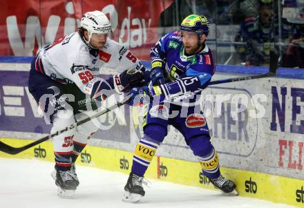 Eishockey ICE Bundesliga. VSV gegen Fehervar.  Mark Katic (VSV), Joel Messner (Fehervar). Villach, am 20.11.2024.
Foto: Kuess
---
pressefotos, pressefotografie, kuess, qs, qspictures, sport, bild, bilder, bilddatenbank