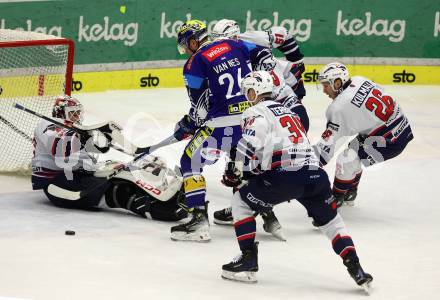 Eishockey ICE Bundesliga. VSV gegen Fehervar.  Guus Van Nes (VSV), Istvan Terbocs, Dominik Horvath (Fehervar). Villach, am 20.11.2024.
Foto: Kuess
---
pressefotos, pressefotografie, kuess, qs, qspictures, sport, bild, bilder, bilddatenbank