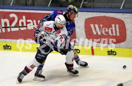 Eishockey ICE Bundesliga. VSV gegen Fehervar.  Philipp Lindner (VSV), Janos Hari (Fehervar). Villach, am 20.11.2024.
Foto: Kuess
---
pressefotos, pressefotografie, kuess, qs, qspictures, sport, bild, bilder, bilddatenbank