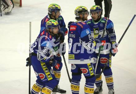 Eishockey ICE Bundesliga. VSV gegen Fehervar. Torjubel Dylan Macpherson, Nikita Scherbak, Maximilian Rebernig, Max Coatta (VSV). Villach, am 20.11.2024.
Foto: Kuess
---
pressefotos, pressefotografie, kuess, qs, qspictures, sport, bild, bilder, bilddatenbank