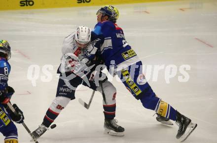 Eishockey ICE Bundesliga. VSV gegen Fehervar.  Dylan Macpherson (VSV),  Anze Kuralt (Fehervar). Villach, am 20.11.2024.
Foto: Kuess
---
pressefotos, pressefotografie, kuess, qs, qspictures, sport, bild, bilder, bilddatenbank