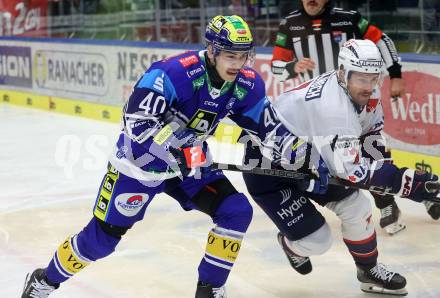 Eishockey ICE Bundesliga. VSV gegen Fehervar.  Elias Wallenta  (VSV), Martin Stajnoch (Fehervar). Villach, am 20.11.2024.
Foto: Kuess
---
pressefotos, pressefotografie, kuess, qs, qspictures, sport, bild, bilder, bilddatenbank