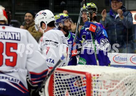 Eishockey ICE Bundesliga. VSV gegen Fehervar.   Torjubel Alexander Rauchenwald, Maximilian Rebernig (VSV).  Villach, am 20.11.2024.
Foto: Kuess
www.qspictures.net
---
pressefotos, pressefotografie, kuess, qs, qspictures, sport, bild, bilder, bilddatenbank