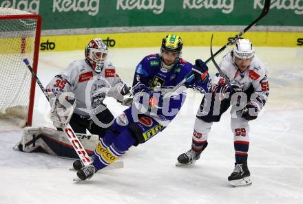 Eishockey ICE Bundesliga. VSV gegen Fehervar.  Maximilian Rebernig  (VSV), Joel Messner, Dominik Horvath (Fehervar). Villach, am 20.11.2024.
Foto: Kuess
---
pressefotos, pressefotografie, kuess, qs, qspictures, sport, bild, bilder, bilddatenbank