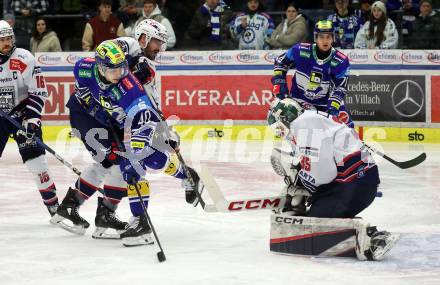 Eishockey ICE Bundesliga. VSV gegen Fehervar.  Elias Wallenta, Bence Stipssicz, Dominik Horvath  (VSV), Istvan Terbocs (Fehervar). Villach, am 20.11.2024.
Foto: Kuess
---
pressefotos, pressefotografie, kuess, qs, qspictures, sport, bild, bilder, bilddatenbank