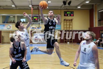 Basketball 2. Liga 2024/2025. Grunddurchgang 9. Runde. KOS Celovec gegen Woerthersee Piraten.  Simon Siencnik (KOS),  Jan-Arne Apschner (Woerthersee Piraten). Klagenfurt, am 22.11.2024.
Foto: Kuess


---
pressefotos, pressefotografie, kuess, qs, qspictures, sport, bild, bilder, bilddatenbank