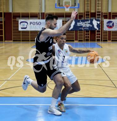 Basketball 2. Liga 2024/2025. Grunddurchgang 9. Runde. KOS Celovec gegen Woerthersee Piraten. Mauro Gerszke (KOS), Marin Sliskovic  (Woerthersee Piraten). Klagenfurt, am 22.11.2024.
Foto: Kuess


---
pressefotos, pressefotografie, kuess, qs, qspictures, sport, bild, bilder, bilddatenbank