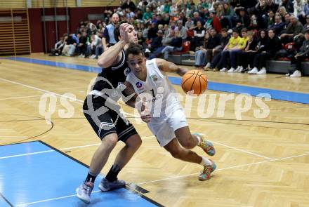 Basketball 2. Liga 2024/2025. Grunddurchgang 9. Runde. KOS Celovec gegen Woerthersee Piraten.  Mauro Gerszke (KOS),  Andreas Nuck (Woerthersee Piraten). Klagenfurt, am 22.11.2024.
Foto: Kuess


---
pressefotos, pressefotografie, kuess, qs, qspictures, sport, bild, bilder, bilddatenbank