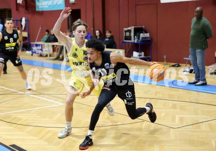 Basketball 2. Liga 2024/2025. Grunddurchgang 10. Runde.  Woerthersee Piraten gegen Mattersburg Rocks.   Emilio Rozmann (Woerthersee Piraten),  Yann Grandperret	  (Mattersburg). Klagenfurt, am 30.11.2024.
Foto: Kuess


---
pressefotos, pressefotografie, kuess, qs, qspictures, sport, bild, bilder, bilddatenbank