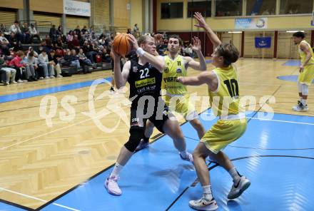 Basketball 2. Liga 2024/2025. Grunddurchgang 10. Runde.  Woerthersee Piraten gegen Mattersburg Rocks.  Emilio Rozmann,  Andreas Nuck (Woerthersee Piraten),  Asdren Drew Koka (Mattersburg). Klagenfurt, am 30.11.2024.
Foto: Kuess


---
pressefotos, pressefotografie, kuess, qs, qspictures, sport, bild, bilder, bilddatenbank