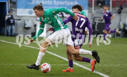 Fussball Bundesliga.  Austria Klagenfurt gegen WSG Tirol.  Ben Bobzien,  (Austria Klagenfurt),  David Jaunegg (WSG Tirol). Klagenfurt, am 1.12.2024.
Foto: Kuess
www.qspictures.net
---
pressefotos, pressefotografie, kuess, qs, qspictures, sport, bild, bilder, bilddatenbank