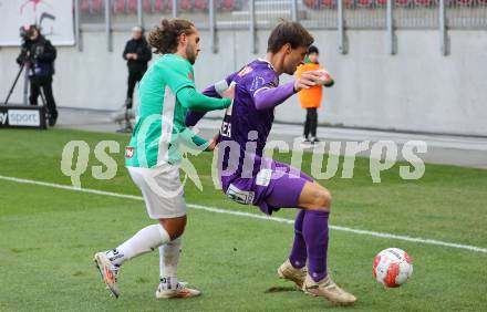 Fussball Bundesliga.  Austria Klagenfurt gegen WSG Tirol  Thorsten Mahrer, (Austria Klagenfurt),   Lukas Sulzbacher  (WSG Tirol). Klagenfurt, am 1.12.2024.
Foto: Kuess
www.qspictures.net
---
pressefotos, pressefotografie, kuess, qs, qspictures, sport, bild, bilder, bilddatenbank