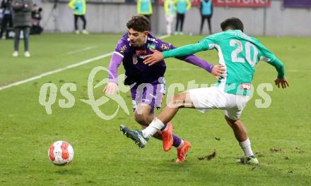 Fussball Bundesliga.  Austria Klagenfurt gegen WSG Tirol.  Ben Bobzien, (Austria Klagenfurt), Cem Uestuendag   (WSG Tirol). Klagenfurt, am 1.12.2024.
Foto: Kuess
www.qspictures.net
---
pressefotos, pressefotografie, kuess, qs, qspictures, sport, bild, bilder, bilddatenbank