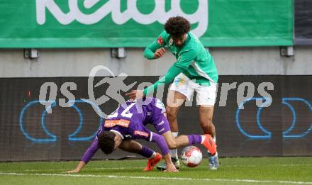 Fussball Bundesliga.  Austria Klagenfurt gegen WSG Tirol.  Ben Bobzien, (Austria Klagenfurt), Jamie Lawrence   (WSG Tirol). Klagenfurt, am 1.12.2024.
Foto: Kuess
www.qspictures.net
---
pressefotos, pressefotografie, kuess, qs, qspictures, sport, bild, bilder, bilddatenbank