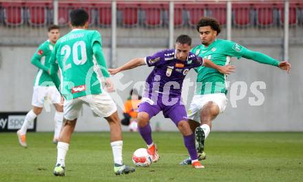 Fussball Bundesliga. SK  Austria Klagenfurt gegen WSG Tirol. Tobias Koch (Klagenfurt), Quincy Butler (Tirol). Klagenfurt, am 1.12.2024.
Foto: Kuess
---
pressefotos, pressefotografie, kuess, qs, qspictures, sport, bild, bilder, bilddatenbank