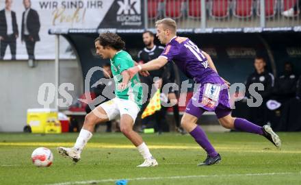 Fussball Bundesliga. SK  Austria Klagenfurt gegen WSG Tirol. Christopher Cvetko (Klagenfurt), MatthÃ¤us Taferner (Tirol). Klagenfurt, am 1.12.2024.
Foto: Kuess
---
pressefotos, pressefotografie, kuess, qs, qspictures, sport, bild, bilder, bilddatenbank