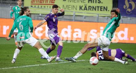 Fussball Bundesliga. SK  Austria Klagenfurt gegen WSG Tirol. David Toshevski (Klagenfurt). Lukas Sulzbacher, Jamie Lawrence (Tirol).  Klagenfurt, am 1.12.2024.
Foto: Kuess
---
pressefotos, pressefotografie, kuess, qs, qspictures, sport, bild, bilder, bilddatenbank