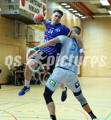 HLA Handball Bundesliga. SC Ferlach gegen HSG Xentis Lipizzanerheimat.  Mladan Jovanovic (SCF),  Kristian Becin HSG Xentis). Ferlach, am 6.12.2024.
Foto: Kuess
---
pressefotos, pressefotografie, kuess, qs, qspictures, sport, bild, bilder, bilddatenbank