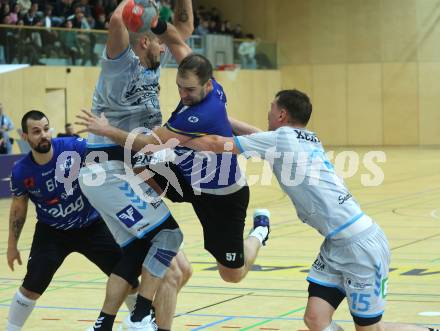 HLA Handball Bundesliga. SC Ferlach gegen HSG Xentis Lipizzanerheimat.  TPatrik Leban (SCF),  Kristian Becin, Domen Knez (HSG Xentis). Ferlach, am 6.12.2024.
Foto: Kuess
---
pressefotos, pressefotografie, kuess, qs, qspictures, sport, bild, bilder, bilddatenbank