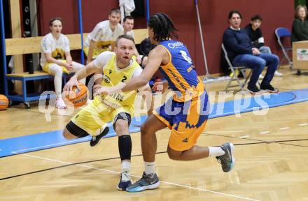 Basketball 2. Liga 2024/2025. Grunddurchgang 11. Runde.  Woerthersee Piraten gegen BBU Salzburg.  Tim Huber  (Woerthersee Piraten),  Samuel Gatterbauer  (Salzburg). Klagenfurt, am 7.12.2024.
Foto: Kuess


---
pressefotos, pressefotografie, kuess, qs, qspictures, sport, bild, bilder, bilddatenbank