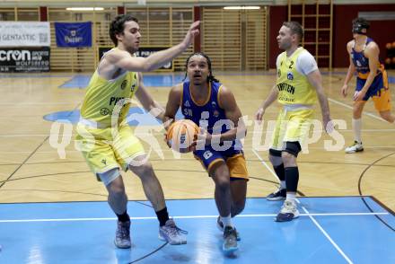 Basketball 2. Liga 2024/2025. Grunddurchgang 11. Runde.  Woerthersee Piraten gegen BBU Salzburg.  Andreas Nuck  (Woerthersee Piraten), Samuel Gatterbauer (Salzburg). Klagenfurt, am 7.12.2024.
Foto: Kuess


---
pressefotos, pressefotografie, kuess, qs, qspictures, sport, bild, bilder, bilddatenbank