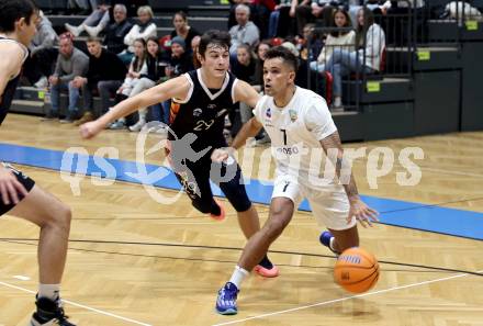 Basketball 2. Liga 2024/2025. Grunddurchgang 12. Runde.  KOS Celovec gegen Vienna United.   Mauro Gerszke (KOS Celovec), Filip Cvetkovski   (Vienna United). Klagenfurt, am 14.12.2024.
Foto: Kuess


---
pressefotos, pressefotografie, kuess, qs, qspictures, sport, bild, bilder, bilddatenbank