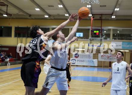 Basketball 2. Liga 2024/2025. Grunddurchgang 12. Runde.  KOS Celovec gegen Vienna United.   Samuel Seher (KOS Celovec),  Sebastian Mailath-Pokorny  (Vienna United). Klagenfurt, am 14.12.2024.
Foto: Kuess


---
pressefotos, pressefotografie, kuess, qs, qspictures, sport, bild, bilder, bilddatenbank