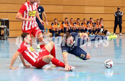 Futsal Bundesliga. Futsal Klagenfurt Versli.at gegen Stella Rossa. Denis Totoskovic   (Klagenfurt), Robert Bencun  (Stella Rossa). Viktring, am 4.1.2025.
Foto: Kuess
---
pressefotos, pressefotografie, kuess, qs, qspictures, sport, bild, bilder, bilddatenbank