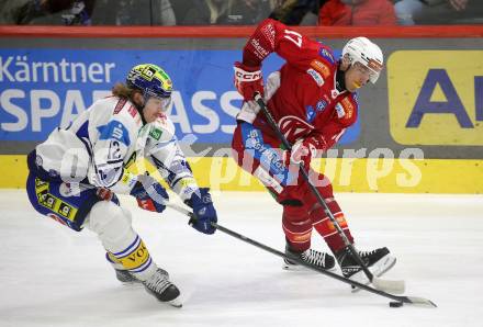 Eishockey ICE Bundesliga. KAC gegen VSV. Nick Pastujov  (KAC), Chase Pearson (VSV). Klagenfurt, am 8.1.2024.
Foto: Kuess
---
pressefotos, pressefotografie, kuess, qs, qspictures, sport, bild, bilder, bilddatenbank