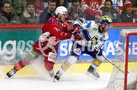 Eishockey ICE Bundesliga. KAC gegen VSV. Senna Peeters  (KAC), Mark Katic (VSV). Klagenfurt, am 8.1.2024.
Foto: Kuess
---
pressefotos, pressefotografie, kuess, qs, qspictures, sport, bild, bilder, bilddatenbank