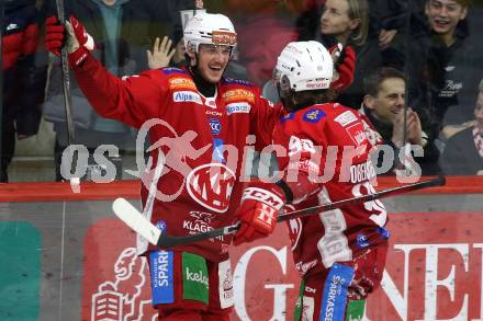 Eishockey ICE Bundesliga. KAC gegen VSV. Torjubel Simeon Schwinger, Daniel Obersteiner (KAC). Klagenfurt, am 8.1.2024.
Foto: Kuess
---
pressefotos, pressefotografie, kuess, qs, qspictures, sport, bild, bilder, bilddatenbank