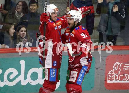 Eishockey ICE Bundesliga. KAC gegen VSV. Torjubel Simeon Schwinger, Daniel Obersteiner (KAC). Klagenfurt, am 8.1.2024.
Foto: Kuess
---
pressefotos, pressefotografie, kuess, qs, qspictures, sport, bild, bilder, bilddatenbank